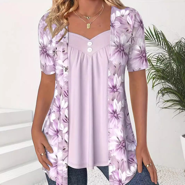 Fake Two Pieces Short Sleeve Printed Fashion Button Top